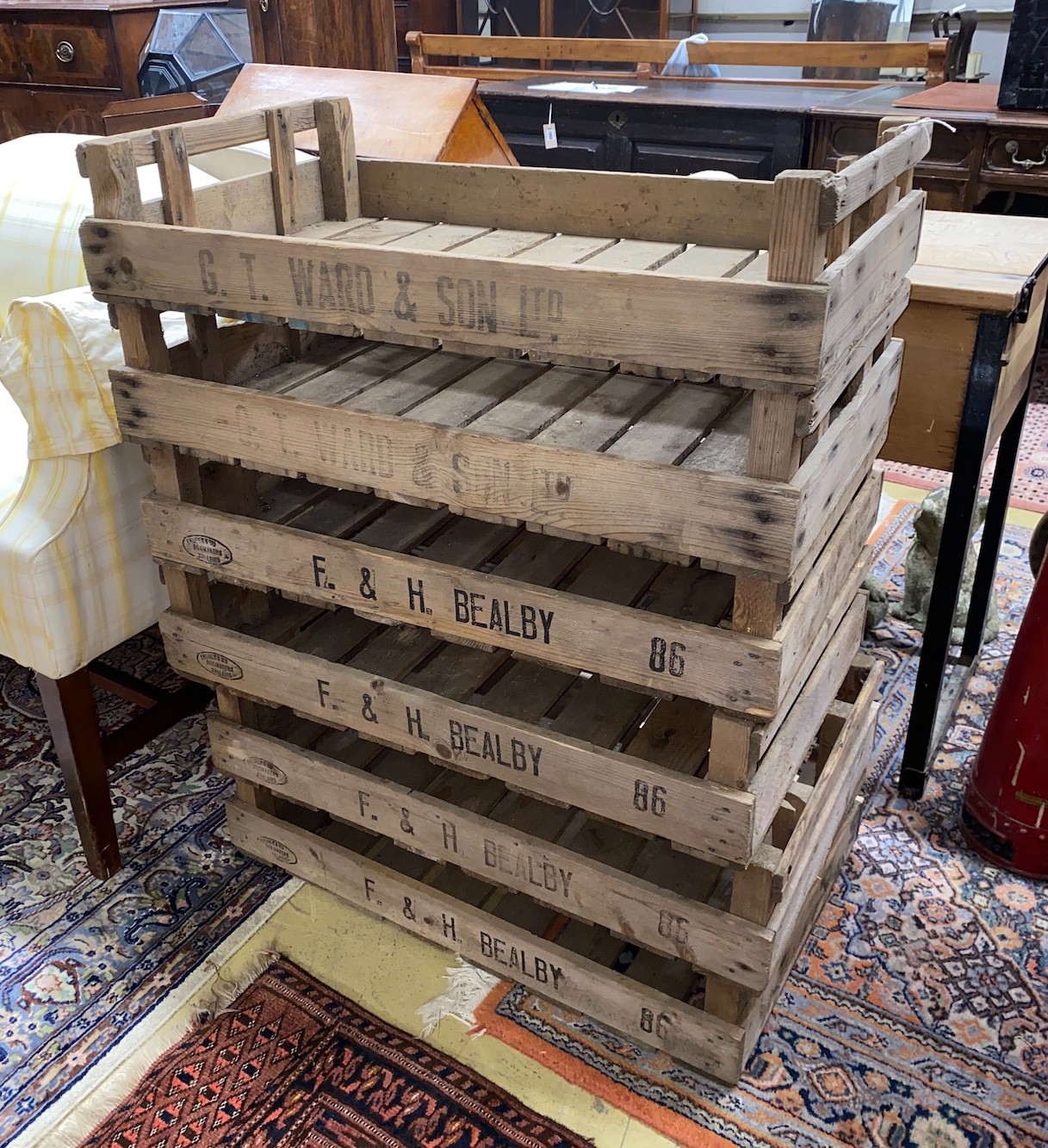 Six vintage vegetable crates, 76 x 45cm